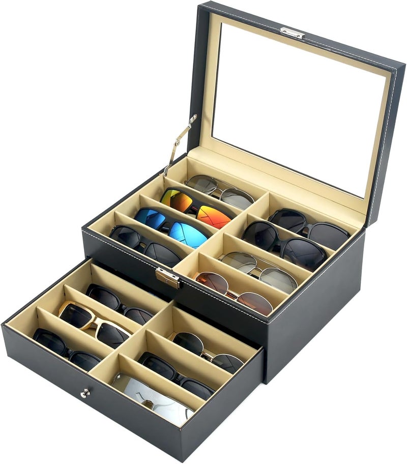 NEWLOOP Store Sunglasses Organizer Multiple Pairs of Glasses Display Case Sunglass Hard Shell Storage Box for Women Men 12/16 Slots - Image 1